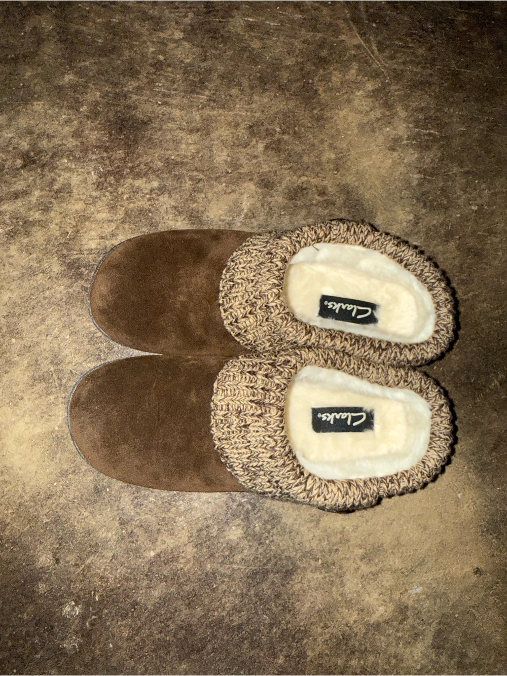 Clarks Women’s Brown Suede Slip-On Slippers with Knit Cuff